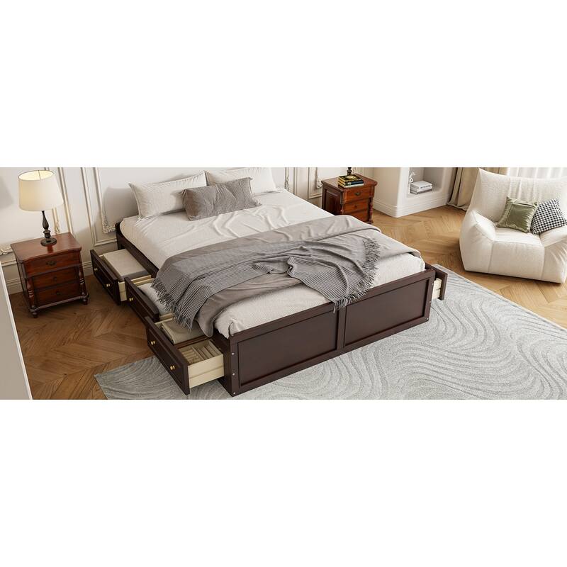 Roomfitters Queen Size Wood Platform Bed with 6 Storage Drawers, Solid Pine