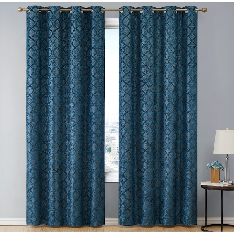 HLC.me Lattice Flocked 100% Complete Blackout Thermal Insulated Window Curtain Grommet Panels - Set of 2
