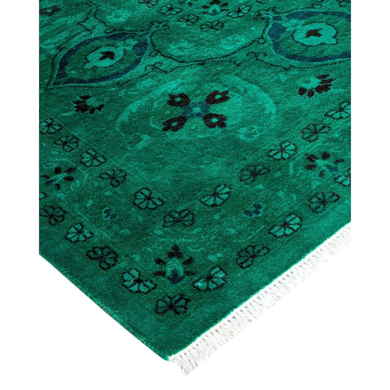 Overton Handknotted Wool Vintage Inspired Contemporary Overdyed Green Area Rug - 13' 10" x 8' 2"