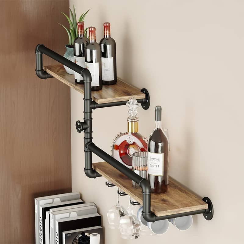 Wine Rack Wall Mounted with 4 Stem Glass Holder - 43.3 x 17.7 x 9.3 inches