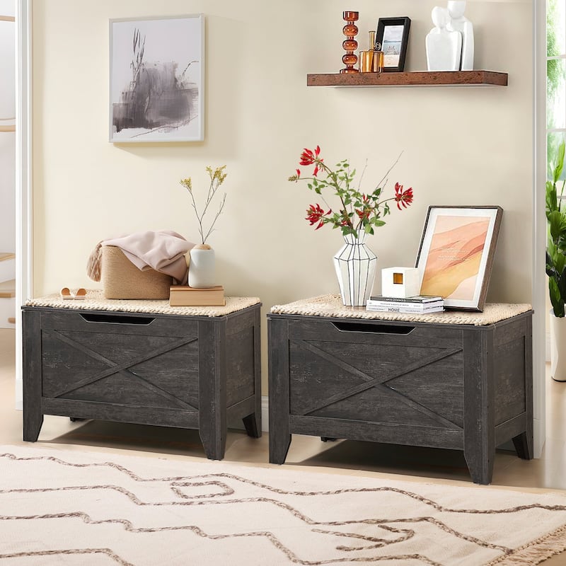VECELO Storage Bench, Wooden Chest for Storage with Wicker Mat Safety Hinges Entryway Shoe Bench Storage Trunk(Set of 2) - Grey - Medium