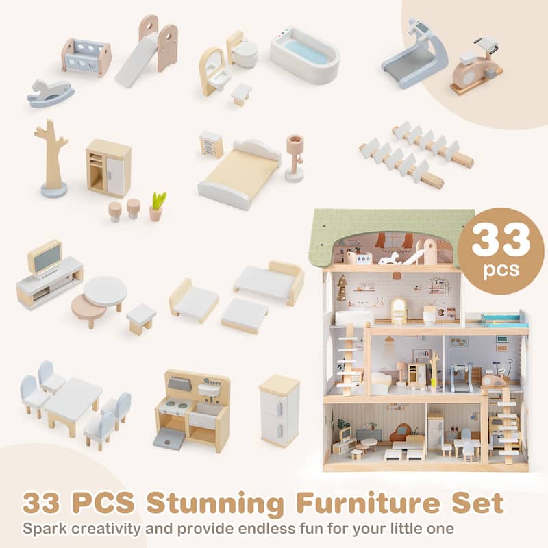 33 Pieces Kids Wooden Dollhouse with Furniture Multi-Room Design and Safe Pinewood Frame - 25" x 10" x 31"