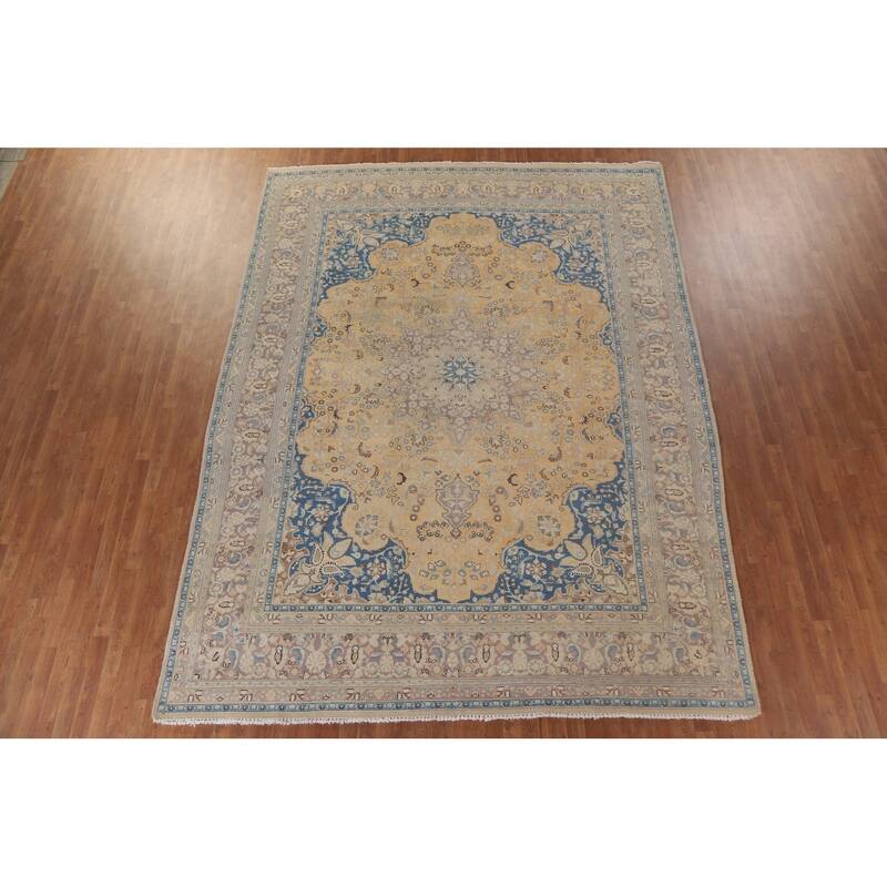 Hand Knotted Oriental 100% Wool Carpet Traditional Floral Yellow & Gold Mashad Area Rug - 12' 8'' X 9' 7''