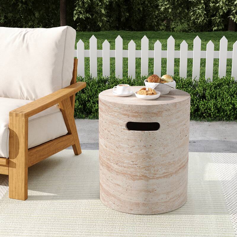 Outdoor Indoor Lightweight Concrete Side Table With Side Handles, Travertine Finish - 20.41 - 20.41