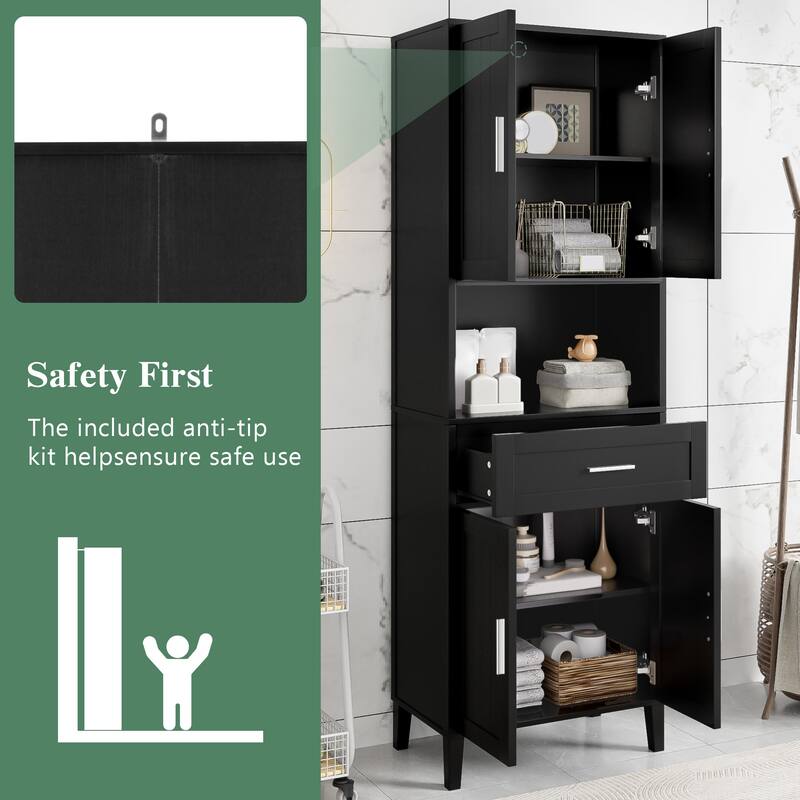 Modern Tall Bathroom Cabinet with Adjustable Shelves, Soft Close Doors, Drawer, Open Storage, 70.9" Freestanding