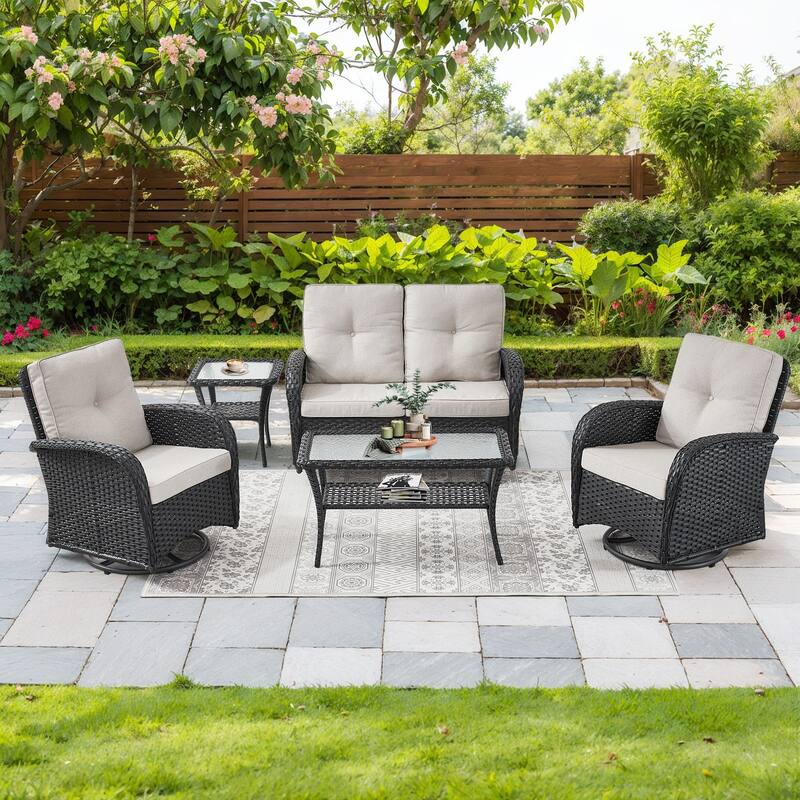 Outdoor Glider Sofa with Swivel Chair Black-Beige - Black - Black - Beige