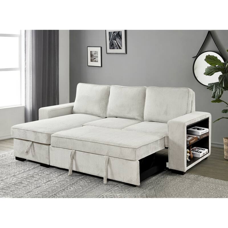 L-Shaped Sectional Convertible Sleeper Sofa Bed with Storage, USB Port & Cup Holder - Beige
