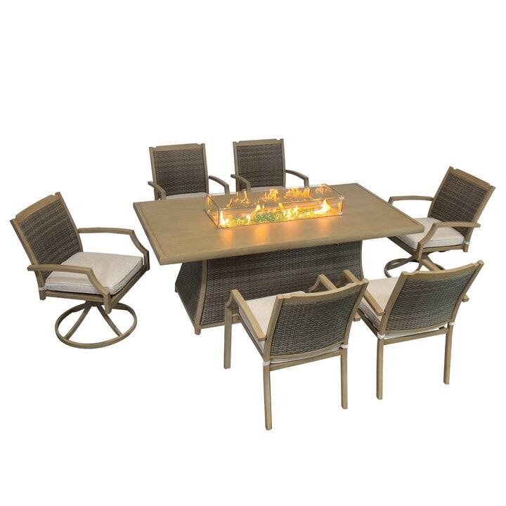 Kinger Home Isla Rattan 7-Piece Patio Set with Propane Fire Pit Table - 76-Inch