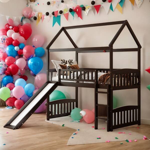 slide 2 of 27, Twin Size Loft Bed House Bed With Slide,Sturdy Construction for Home Espresso
