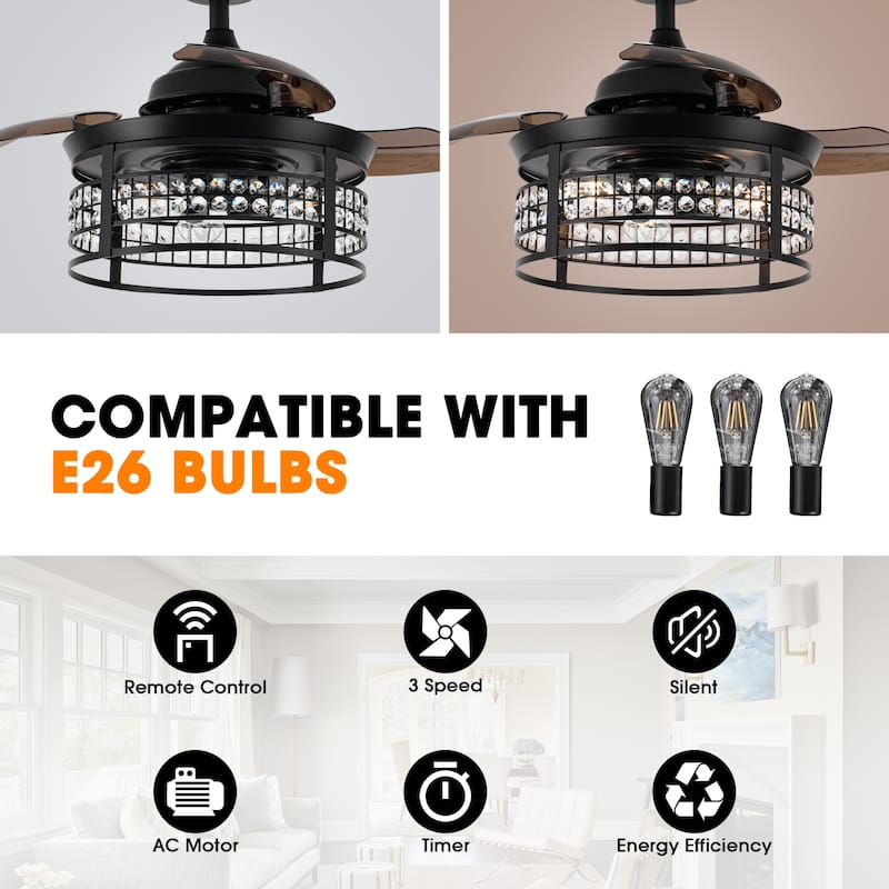 36-inch Modern 3-Blade Matte Black Retractable Crystal Caged Ceiling Fan with Remote and Light Kit - 35.83-in D x 17.6-in H