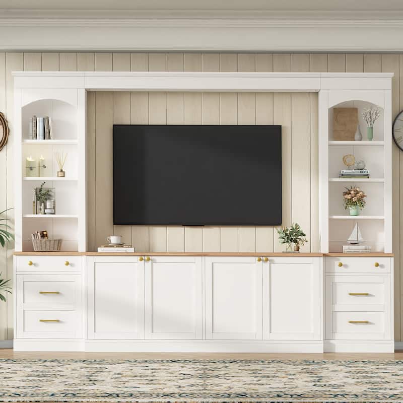 Farmhouse Arched Entertainment Center Wall Unit with Bookshelf,for TVs Up to 70",106"Multi-Functional Media Console with Drawer