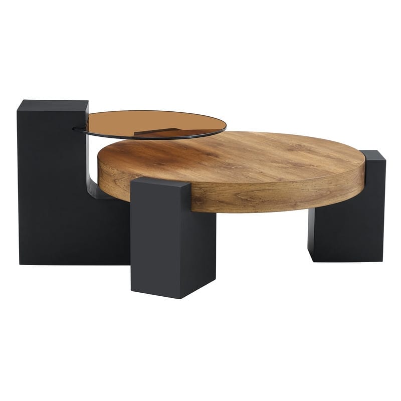 Modern Detachable Round Coffee Table - Double-Layer Brown Glass Top & Black L-Shaped Legs