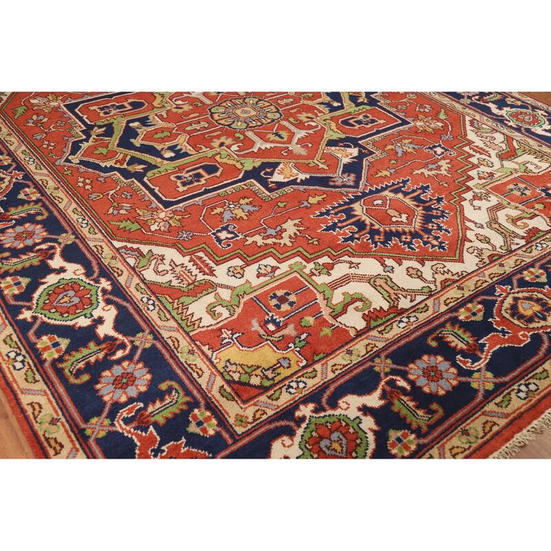 Orange Geometric Heriz Serapi Indian Area Rug Handmade Wool Carpet - 9'2" x 11'10"