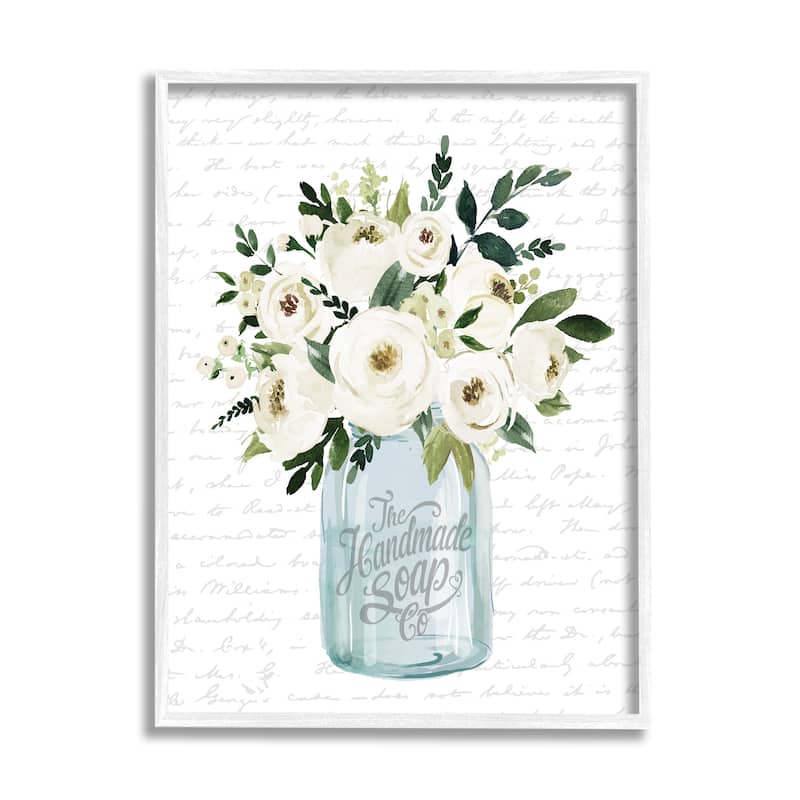 Stupell White Blooms Flower Bouquet Classic Jar Script Framed Wall Art, Design by Lettered and Lined - Off-White - 24 x 30 - White