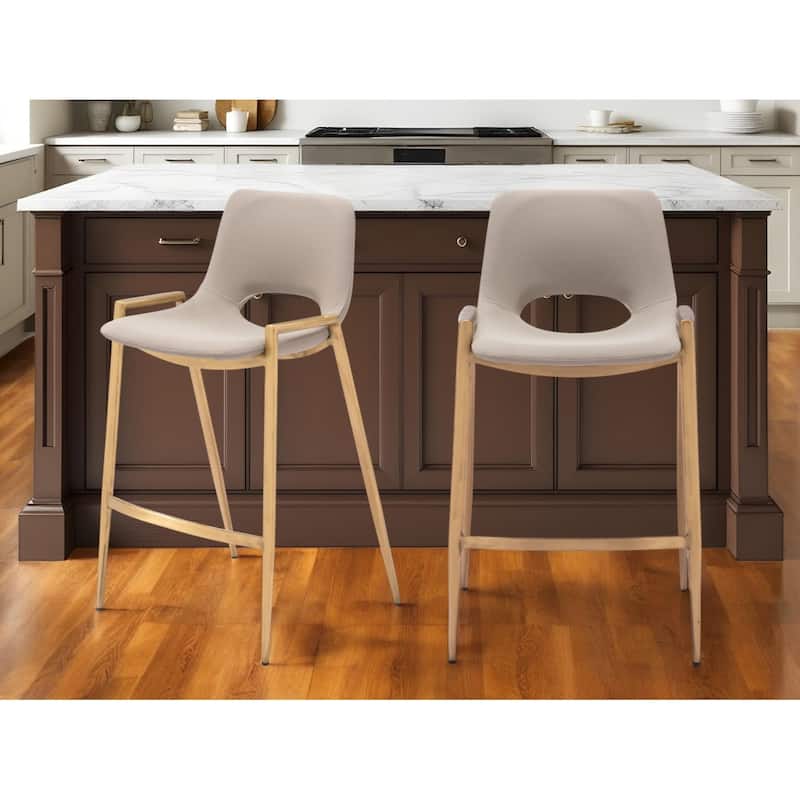 Set of Two 26" Beige And Gold Faux Leather And Steel Low Back Counter Height Bar Chairs - Beige