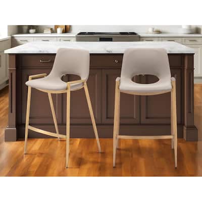 Set of Two 26" Beige And Gold Faux Leather And Steel Low Back Counter Height Bar Chairs