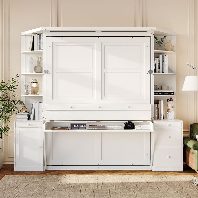 Queen Murphy Bed with Desk & Storage - Hidden Wall Bed with Cabinets and Shelves for Home Office, Includes Lighting - White - Queen