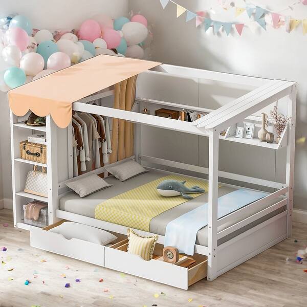 slide 2 of 45, Full size House Bed with Two Drawers and Built-in Wardrobe for Home White