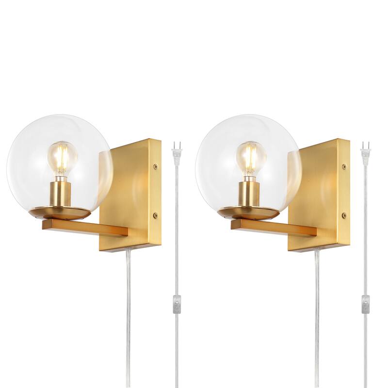 SAFAVIEH Lighting Muriel 6-inch Glass Orb Plug-In Wall Sconce with Bulbs (Set of 2) - 6 In. W x 8.4 In. D x 7.3 In. H