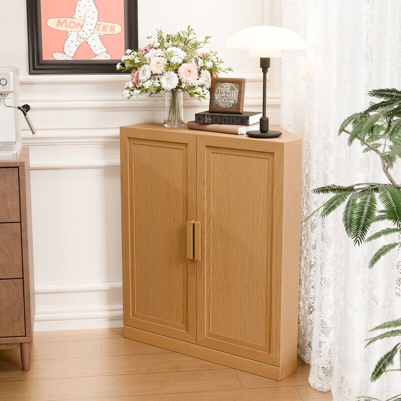 Corner Cabinet Wooden Corner Storage Organizer Cabinet with Adjustable Shelves - Natural - 31 in. W X 36 in. H