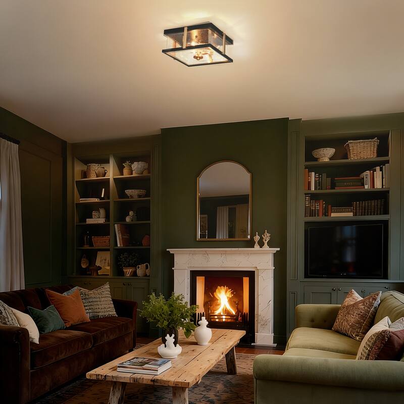 Modern 3-Light Black Gold Square Glass Flush Mount Ceiling Foyer Light - 12" L x 12" W x 5.5" H