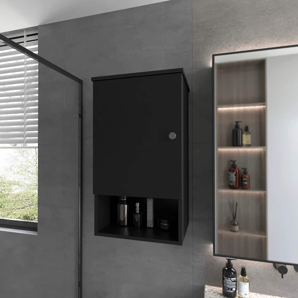 Medicine Cabinet with Mirror Door, Black Finish, Two Internal Shelves and Open Shelf for Easy Access