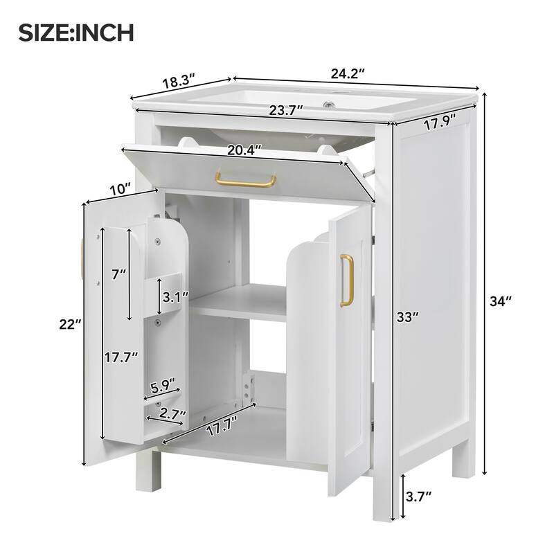 24 Inch Bathroom Vanity with Ceramic Sink Solid Wood Frame 2 Soft Close Doors and Adjustable Storage