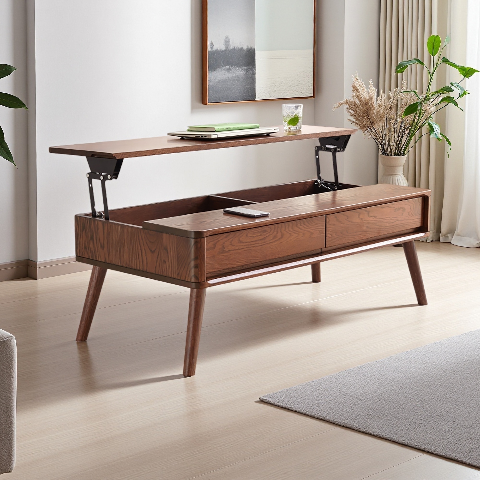 47.24" Solid Wood Coffee Table with Lift-Top Design and Hidden Storage with Carbon Steel Frame and Easy Assembly