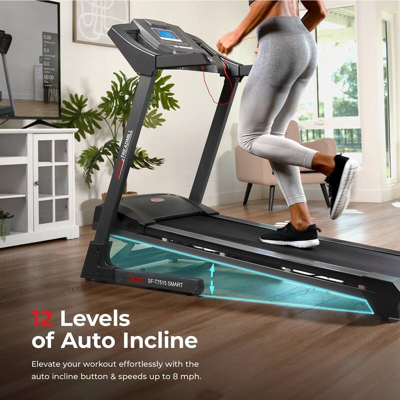 Sunny Health & Fitness Premium Smart Treadmill with Auto Incline - SF-T7515SMART - 64.17 x 28.35 x 52.7