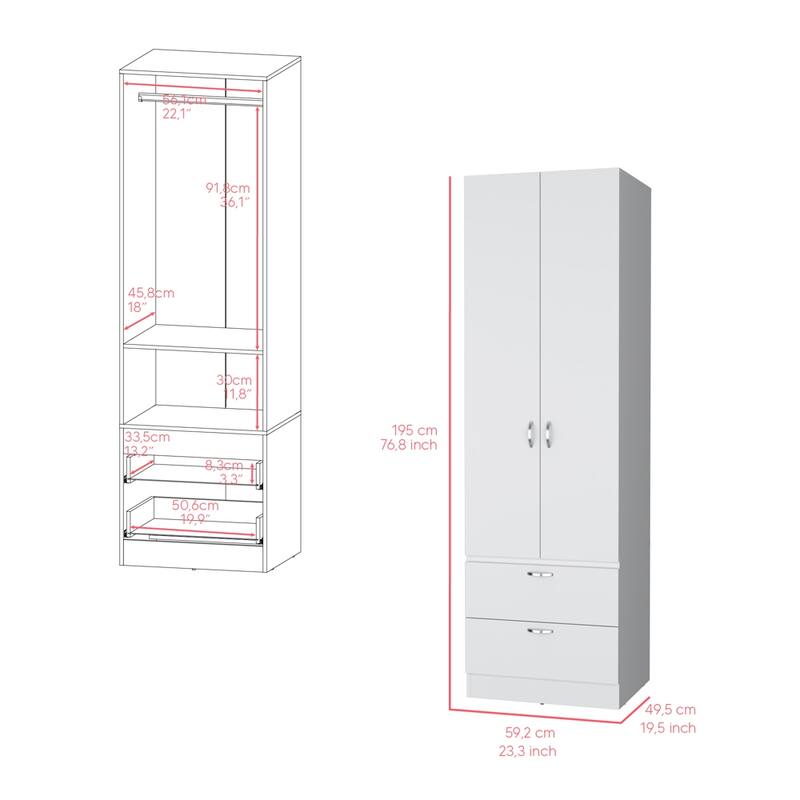 19.5" Modern Double-door Armoire with Hanging Rod, One Shelf and Two Exterior Drawers