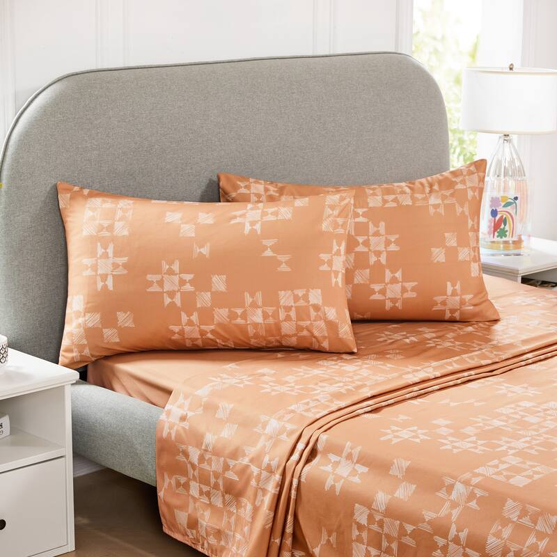 Deconovo Recycled Graffiti Pattern Bedroom Sheet Set 4 Pieces - Queen - Orange-White Patchwork
