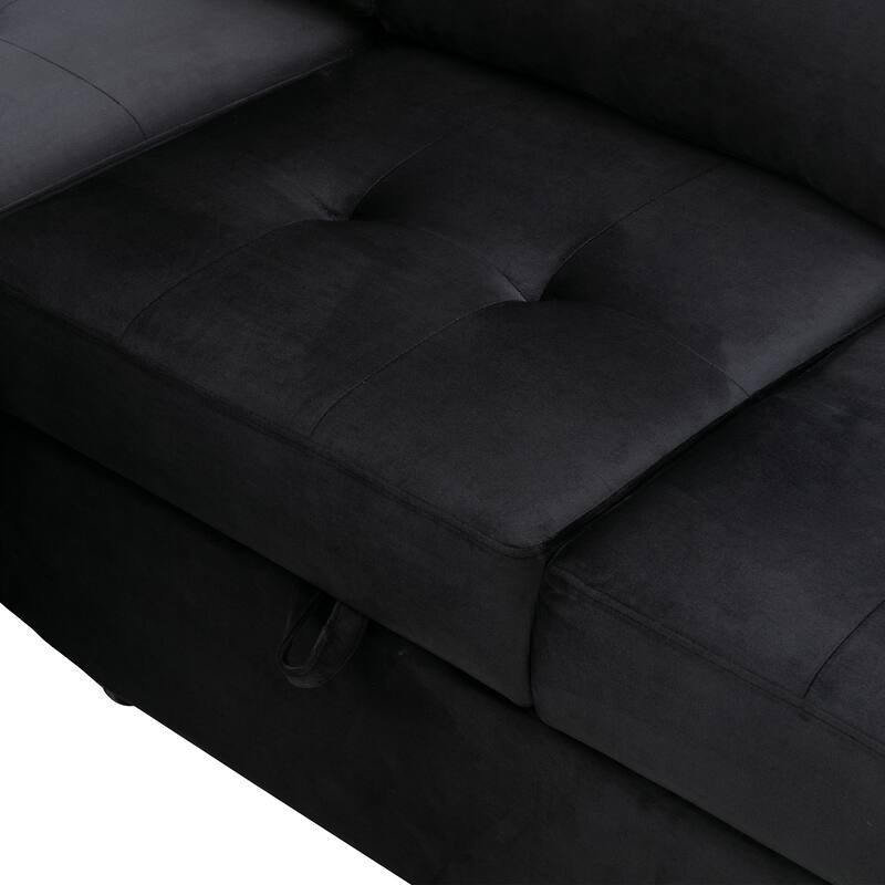 Velvet Sleeper Sectional Sofa, L-Shape Corner Couch Sofa-Bed with Storage Ottoman, Hidden Arm Storage, USB Charge
