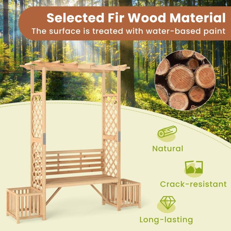 Natural Fir Wood Garden Arbor Bench with Trellis Planter Boxes - 73" x 22" x 80"