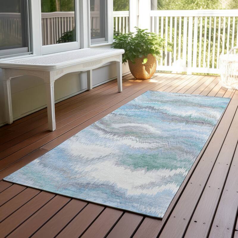 Machine Washable Indoor/ Outdoor Abstract Watercolor Chantille Rug - Denim - 2'3" x 7'6"