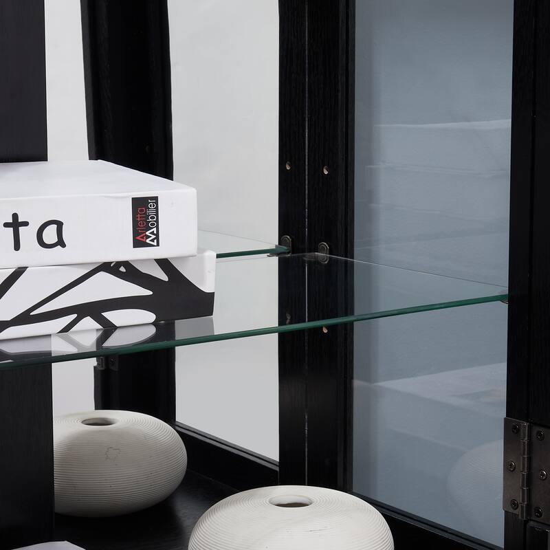 Lighted Glass Curio Display Cabinet with Wood Frame, 6-Tier Storage for Wine, Collectibles and Toys, Light Bulb Included