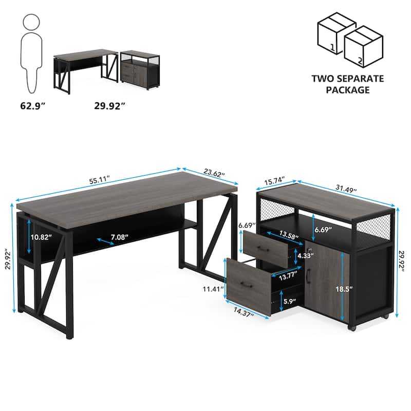 L Shaped Desk with Drawer, Executive Desk and lateral File Cabinet, 2 Piece Home Office Furniture