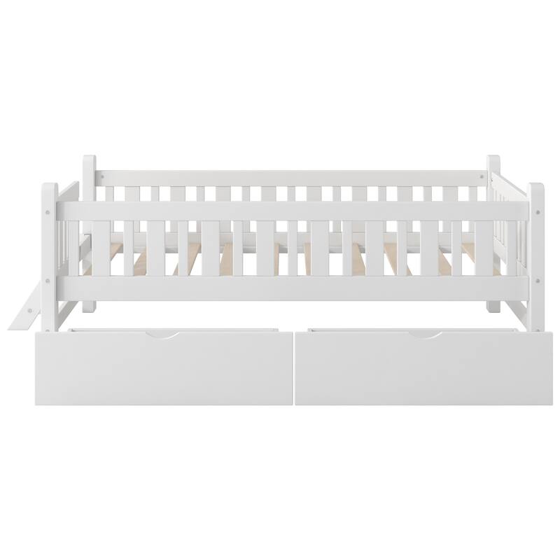 Twin Size Platform Bed for Kids with Partial Guardrail and 2 Pull-Out Storage Drawers, Low Profile Wooden Frame