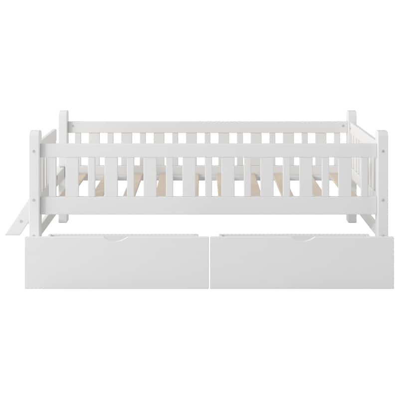 Wood Twin Size Platform Bed Frame with Guardrail and 2 Drawers, No Box Spring Needed, Easy Assembly, Perfect for Small Spaces