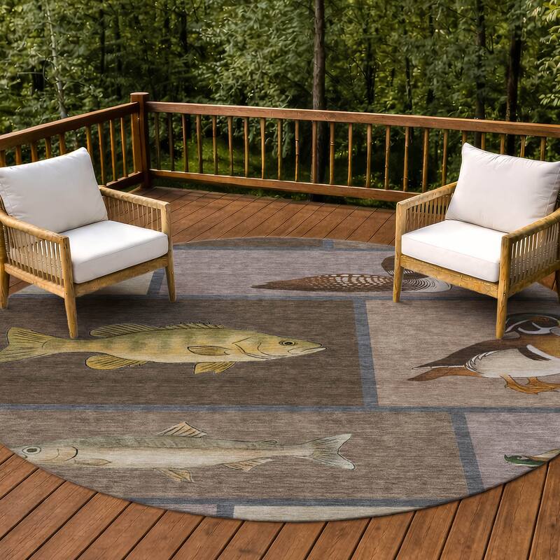 Machine Washable Indoor/ Outdoor Cabin Lodge Chantille Rug - Brown - 8' x 8'