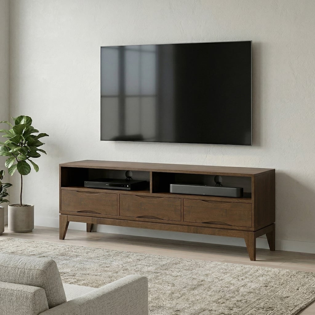 WYNDENHALL Pearson SOLID HARDWOOD 60 inch Wide Mid Century Modern TV Media Stand For TVs upto 65 inches - 60"w x 19"d x 22" h