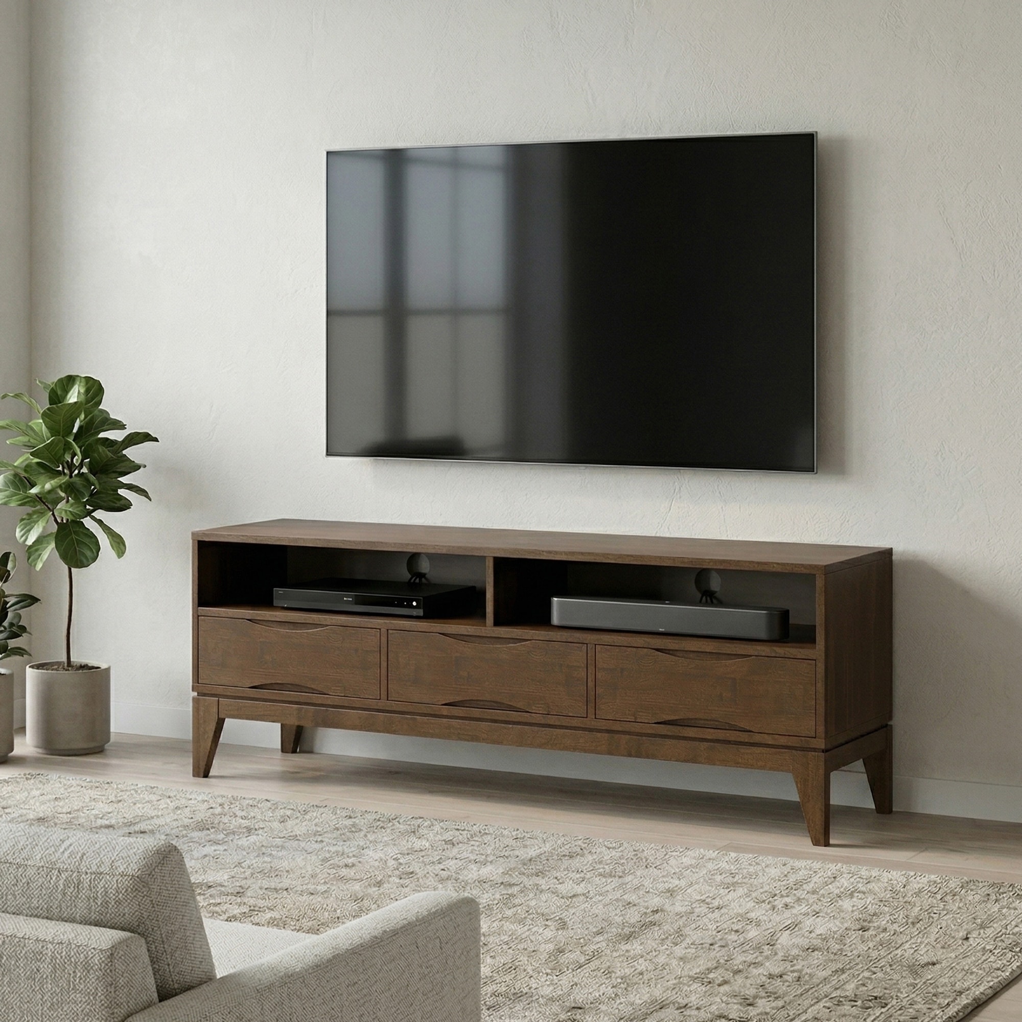 WYNDENHALL Pearson SOLID HARDWOOD 60 inch Wide Mid Century Modern TV Media Stand For TVs upto 65 inches - 60"w x 19"d x 22" h