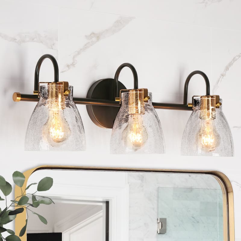 Modern 3-Light Bathroom Vanity Lights Gold Black Glass Wall Sconces - 22.4" W x 8.3" H