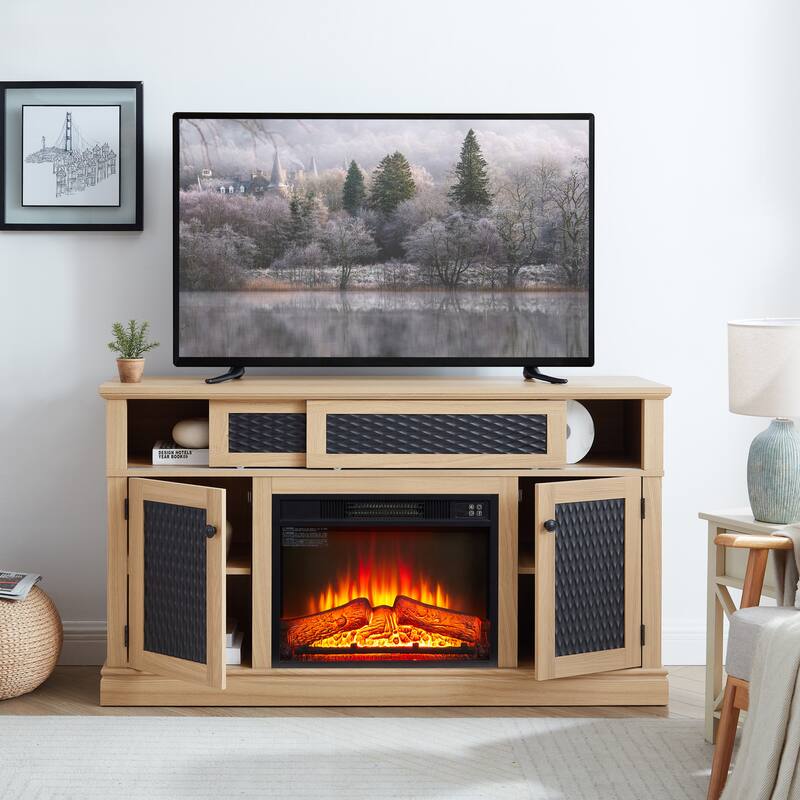 Modern Fireplace TV Stand with Sliding Door, Open and Closed Storage Space, for Living Rooms and Bedrooms, Light Oak