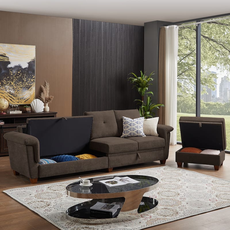 109" Modern 4 Seaters Towelling Sectional Sofa with Hidden Coffee Table and Large Storage Space