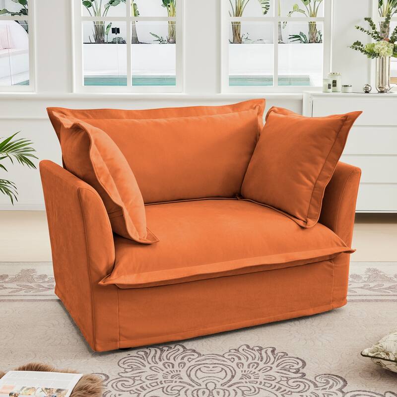 Slip-covered Armchair with Cushions and Pillows, Chenille, Orange