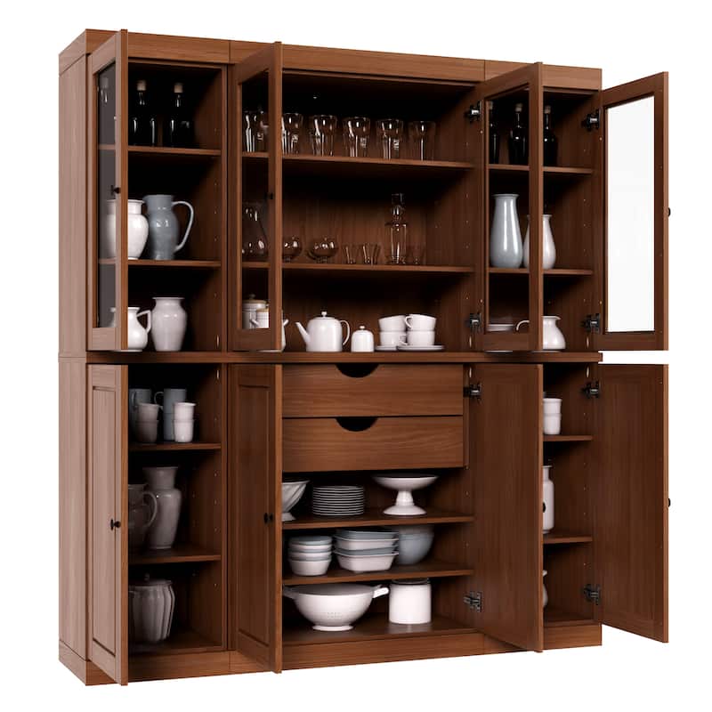 Palace Imports 100% Solid Wood Kitchen China Cabinet Pantry with Glass or Solid Wood Doors and 2-Drawer Kit - 65" x 71.5"
