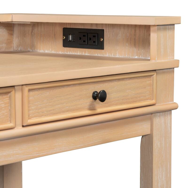 4-Piece Retro Dining Set Dining Table with USB with 3 Upholstered Stools