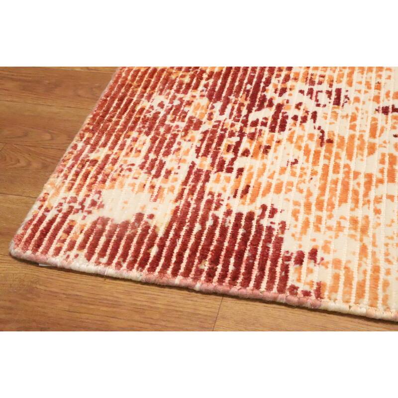 Hand Knotted Oriental Viscose Silk Carpet Modern Abstract Oranges & Rust Abstract Area Rug - 4' 0'' X 2' 0''