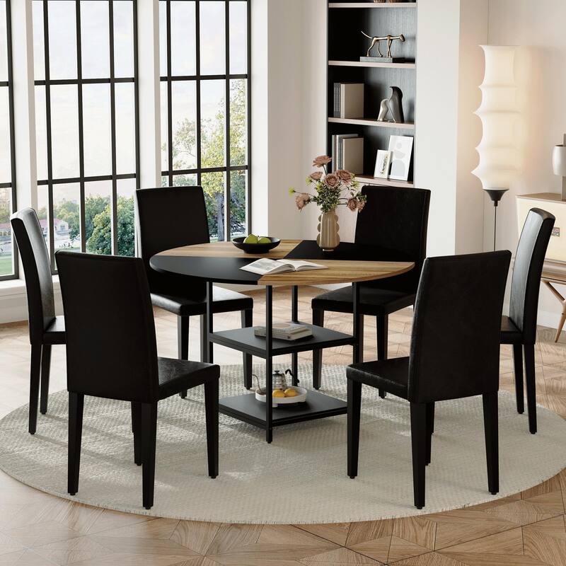 Round Dining Table with Double-Laye Storage, Wood and Black Fan Panels, Rust Proof Metal Legs, Non-Slip Mats
