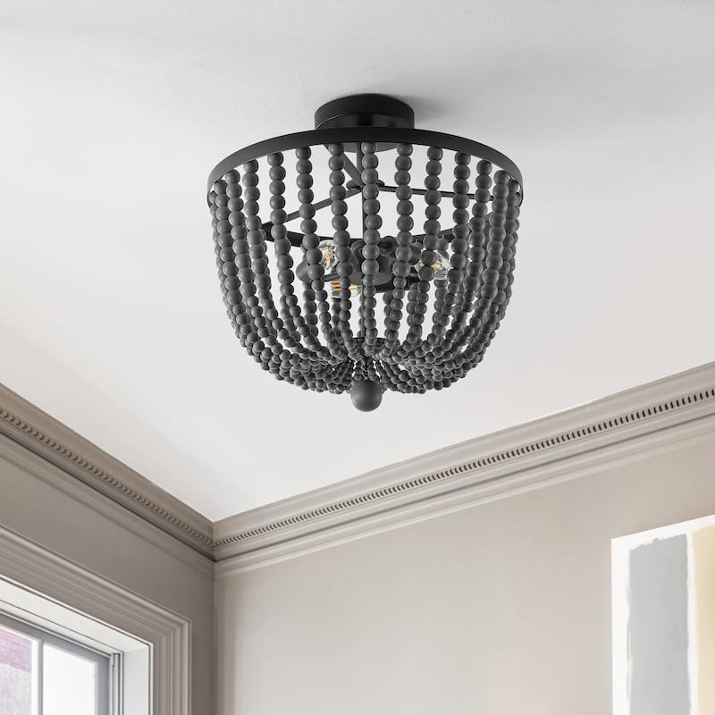 Dune Wood Bead 16" 3-Light Bohemian Farmhouse Iron LED Semi Flush Mount, Oil Rubbed Bronze/Grey by JONATHAN Y
